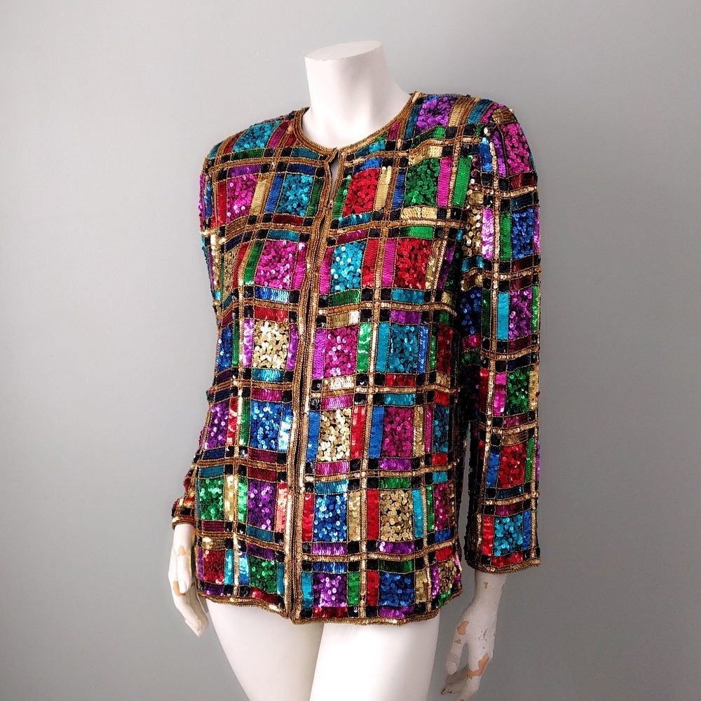⛔SOLD⛔ Vintage Rainbow Sequin Trophy Statement Jacket M - Picture 3 of 6
